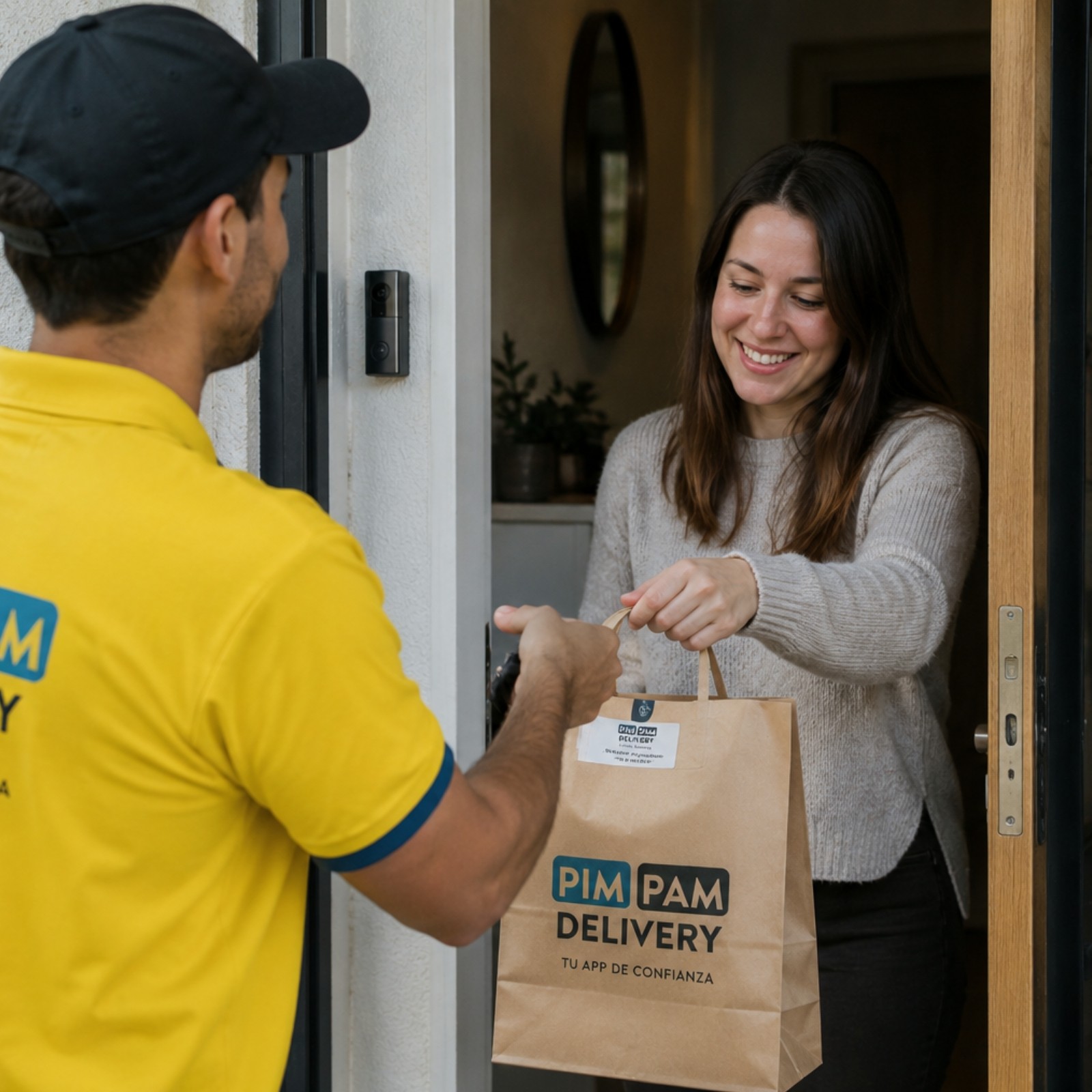 Repartidor de Pim Pam Delivery entregando un pedido en la puerta de un cliente